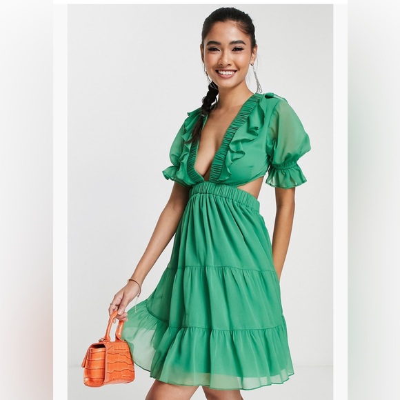 ASOS mini tea dress in chiffon with tiered skirt and lace up back in green - Picture 1 of 5